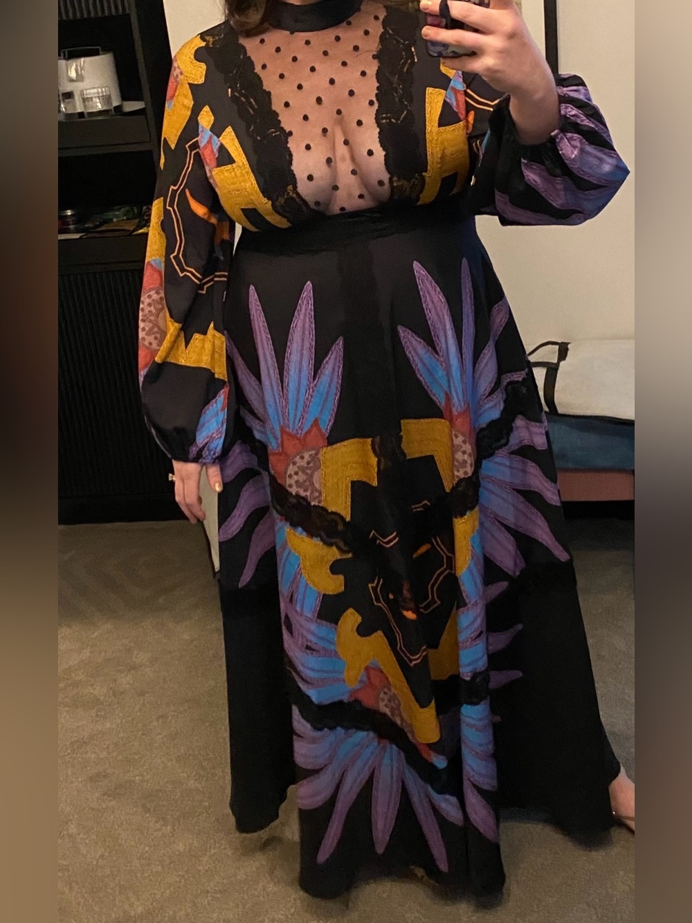 SHEIN Black Maxi Dress with Mustard and Purple Print